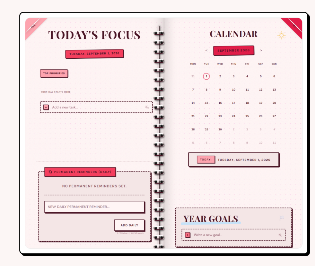 Todoal notebook interface showing customizable task layouts and note-taking features